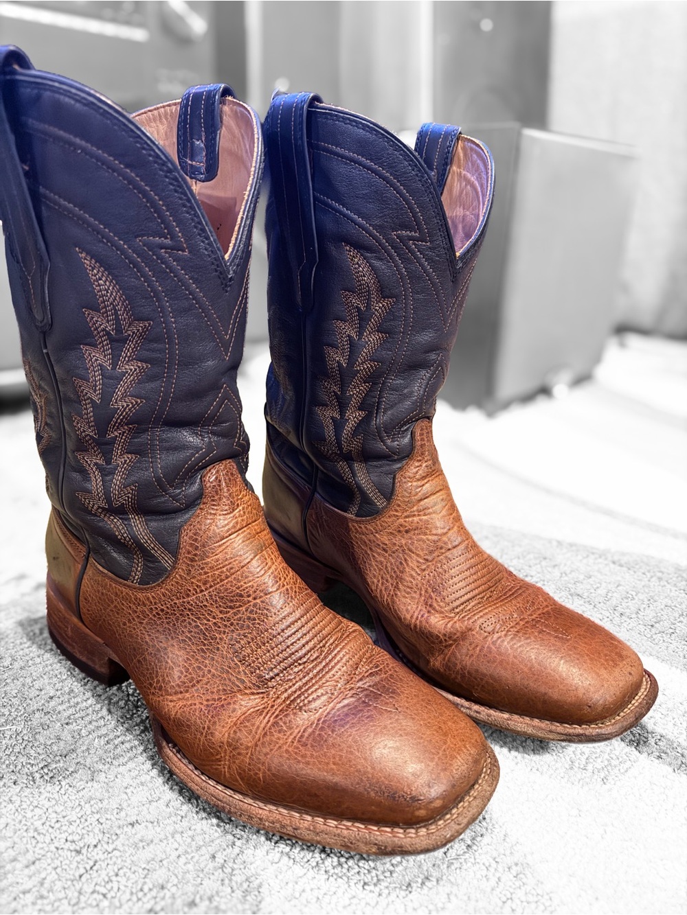 Tecovas The Doc Cowboy Boots Tan Bison Navy Blue Mens 11 D Two Tone Shoes Mens